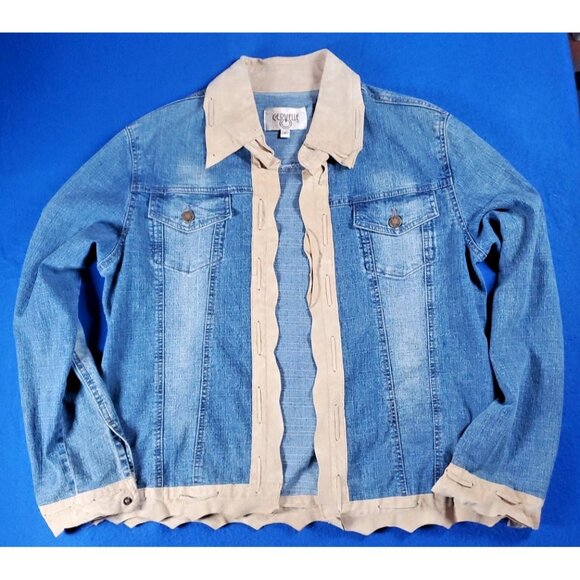Cervelle Jackets & Blazers - Cervelle Denim Shirt Jacket Women's Size Medium Beige Suede Collar & Trim VTG